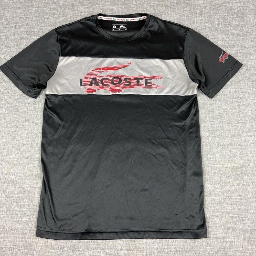Lacoste Shirt Mens Small Black Gray Short Sleeve Graphic Logo Croc Tee Top